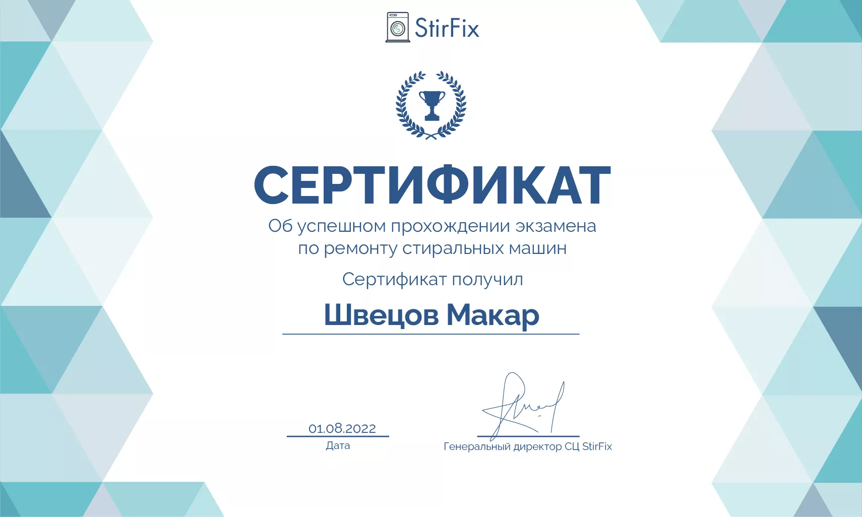 Швецов Макар сертификат мастера по ремонту стиральных машин